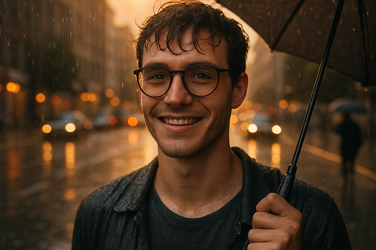 Um jovem sorridente segurando um guarda-chuva sob a chuva em uma rua iluminada durante o pôr do sol. O ambiente urbano é enriquecido por luzes de carros e reflexos na calçada molhada, criando uma atmosfera acolhedora e vibrante.